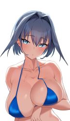 Rule 34 | 1girl, absurdres, arm under breasts, bare shoulders, bikini, blue eyes, blue hair, blush, breast lift, breasts, cleavage, gom (kooskoo), hair intakes, highres, hololive, hololive english, large breasts, looking at viewer, ouro kronii, parted lips, short hair, simple background, solo, standing, sweat, swimsuit, virtual youtuber, white background