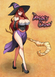 Rule 34 | 1girl, bare legs, bare shoulders, breasts, cleavage, copyright name, detached sleeves, dragon&#039;s crown, full body, hat, high heels, highres, huge breasts, jam-orbital, lips, long hair, long skirt, red hair, side slit, skirt, narrow waist, solo, sorceress (dragon&#039;s crown), staff, walking, witch hat, yellow eyes