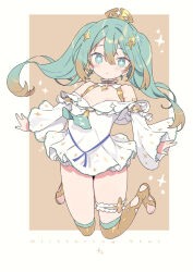 Rule 34 | 1girl, bare shoulders, blade (galaxist), blush, boots, breasts, brown background, brown footwear, brown hair, commentary, dress, floating hair, full body, gradient hair, green eyes, green hair, green nails, hatsune miku, highres, knees together feet apart, long hair, long sleeves, looking at viewer, miku day, multicolored hair, nail polish, off-shoulder dress, off shoulder, parted lips, sleeves past wrists, small breasts, solo, sparkle, stirrup footwear, thigh boots, twintails, two-tone background, very long hair, vocaloid, white background, white dress, wide sleeves