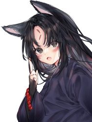 Rule 34 | 1girl, 414 (hncx3355), :o, animal ears, arknights, bead bracelet, beads, black gloves, black hair, black kimono, blush, bracelet, brown eyes, commentary request, dog ears, facial mark, fang, fingerless gloves, forehead mark, gloves, highres, japanese clothes, jewelry, kimono, korean commentary, long hair, looking at viewer, open mouth, parted bangs, saga (arknights), simple background, skin fang, solo, upper body, white background