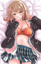Rule 34 | 1girl, ayachanman, black jacket, blazer, blush, bra, breasts, brown eyes, brown hair, cardigan, cleavage, collarbone, collared shirt, commentary request, highres, isshiki iroha, jacket, lace, lace bra, long sleeves, looking at viewer, lying, medium breasts, medium hair, navel, on back, on bed, open cardigan, open clothes, open jacket, open shirt, orange bra, pillow, pink cardigan, plaid, plaid skirt, pleated skirt, school uniform, shirt, skirt, sobu high school uniform, solo, underwear, white shirt, winter uniform, yahari ore no seishun lovecome wa machigatteiru.