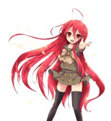 Rule 34 | 1girl, :d, ahoge, alastor (shakugan no shana), black thighhighs, bow, collarbone, floating hair, grey bow, grey neckwear, hair between eyes, jewelry, long hair, looking at viewer, miniskirt, necklace, open mouth, ortensia ix, pleated skirt, red eyes, red hair, school uniform, shakugan no shana, shana, shiny clothes, shirt, short sleeves, simple background, skirt, smile, solo, standing, thighhighs, very long hair, white background, zettai ryouiki
