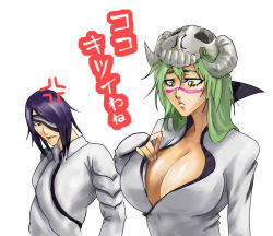 Rule 34 | 1boy, 1girl, anger vein, arrancar, bad id, bad pixiv id, black hair, bleach, breasts, cleavage, cosplay, costume switch, eyepatch, facial mark, green hair, hollow (bleach), huge breasts, ikuyoan, large breasts, long hair, nelliel tu odelschwanck, nnoitra gilga, number tattoo, open clothes, open shirt, shirt, skull, tattoo, translated, yellow eyes