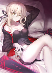 Rule 34 | 1girl, artoria pendragon (all), artoria pendragon (fate), bare shoulders, black camisole, black jacket, blonde hair, breasts, camisole, cleavage, collarbone, fate/grand order, fate (series), highres, jacket, long hair, long sleeves, looking at viewer, low ponytail, medium breasts, neko daruma, official alternate costume, saber alter, saber alter (ver. shinjuku 1999) (fate), solo, thighs