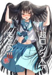 Rule 34 | 1girl, :d, arms up, black hair, blue neckerchief, blue sailor collar, blue skirt, blush, commentary request, cover, cover page, hair ornament, hairclip, hands in hair, highres, long hair, looking at viewer, midriff, neckerchief, nose blush, open mouth, original, pentagon (railgun ky1206), pleated skirt, red eyes, sailor collar, school uniform, serafuku, shirt, short sleeves, simple background, skirt, smile, solo, standing, translation request, very long hair, white background, white shirt