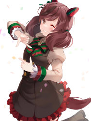 Rule 34 | 1girl, absurdres, animal ears, backlighting, blush, bow, bowtie, brown eyes, brown hair, commentary request, confetti, dress, ear covers, frilled dress, frills, grin, highres, horse ears, horse girl, horse tail, kujou ichiso, long hair, long sleeves, looking at viewer, nice nature (umamusume), one eye closed, smile, solo, tail, twintails, umamusume, white background