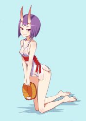 Rule 34 | 1girl, bare arms, bare legs, bare shoulders, barefoot, blue background, breasts, bucket, closed mouth, collarbone, eyeshadow, fate/grand order, fate (series), feet, full body, highres, holding, holding bucket, horns, japanese clothes, kimono, kneeling, kuso otoko, makeup, oni, purple eyes, purple hair, sash, short hair, short kimono, shuten douji (fate), simple background, sleeveless, sleeveless kimono, small breasts, smile, soles, solo, sweatdrop, toes, towel, wooden bucket