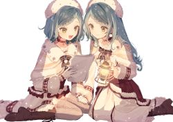 Rule 34 | 2girls, absurdres, aqua hair, bang dream!, boots, brown footwear, brown legwear, capelet, choker, closed mouth, commentary request, earrings, fur-trimmed capelet, fur trim, gloves, hat, highres, hikawa hina, hikawa sayo, hinakano h, holding, holding hands, holding lantern, holding paper, jewelry, lantern, long hair, long skirt, long sleeves, multiple girls, necklace, open mouth, paper, partial commentary, pearl necklace, pom pom (clothes), pom pom earrings, reading, red neckwear, seiza, short hair, siblings, simple background, sisters, sitting, skirt, smile, thigh boots, thighhighs, upper body, white background, white gloves, white skirt, yellow eyes, zettai ryouiki