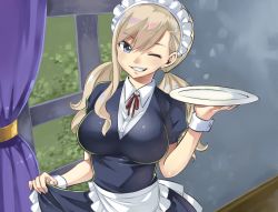 Rule 34 | 1girl, blonde hair, blue eyes, breasts, eden&#039;s zero, large breasts, maid headdress, mashima hiro, official art, one eye closed, rebecca bluegarden, smile, twintails, wink