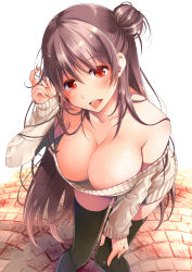 Rule 34 | 1girl, absurdres, aran sweater, bare shoulders, black thighhighs, blush, breasts, brown hair, cable knit, cleavage, collarbone, commentary request, dress, fingernails, hair between eyes, hair bun, has bad revision, has downscaled revision, highres, large breasts, leaning forward, long hair, long sleeves, looking at viewer, md5 mismatch, off-shoulder sweater, off shoulder, open mouth, original, red eyes, resolution mismatch, ribbed sweater, sidelocks, single hair bun, sleeves past wrists, smile, solo, source smaller, standing, striped clothes, striped thighhighs, sweater, sweater dress, theta (ponkotsu works), thighhighs, tongue, tongue out, vertical-striped clothes, vertical-striped thighhighs, very long hair, white background, white sweater