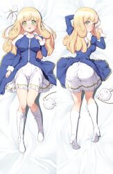 Rule 34 | 1girl, ass, blonde hair, blush, boots, breasts, closed mouth, collarbone, cross, green eyes, highres, jashin-chan dropkick, large breasts, long hair, looking at viewer, looking back, lying, multiple views, ocza, on back, open mouth, panties, pantylines, poporon (jashin-chan dropkick), skirt, smile, top-down bottom-up, underwear, white footwear, white skirt