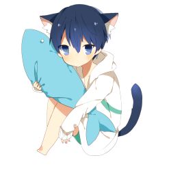 Rule 34 | 1boy, animal ears, artist request, bad id, bad pixiv id, barefoot, blue eyes, blue hair, cat ears, cat tail, chibi, child, feet, free!, highres, looking at viewer, nanase haruka (free!), short hair, sitting, solo, stuffed animal, stuffed shark, stuffed toy, swimsuit, tail
