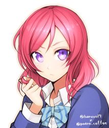 Rule 34 | 10s, 1girl, blazer, blush, borrowed character, bow, bowtie, collaboration, colorized, commentary request, frown, twirling hair, haru (haru2079), jacket, long hair, looking at viewer, love live!, love live! school idol project, md5 mismatch, nishikino maki, pink hair, playing with own hair, poaro, purple eyes, resized, resolution mismatch, school uniform, simple background, solo, source larger, striped bow, striped bowtie, striped clothes, striped neckwear, twitter username, white background