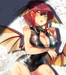 Rule 34 | 1girl, absurdres, alternate costume, alternate hairstyle, black one-piece swimsuit, breast hold, breasts, cleavage cutout, clothing cutout, covered erect nipples, demon wings, folded ponytail, front zipper swimsuit, hair up, head wings, highres, koakuma, large breasts, long hair, meme attire, one-piece swimsuit, parted lips, red hair, shiny skin, solo, swimsuit, toa (kitakaze setsuna), touhou, wings, yellow eyes