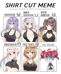 Rule 34 | 6+girls, :o, airani iofifteen, anger vein, animal ears, anya melfissa, ayunda risu, black dress, blonde hair, blue bow, blue hair, blush, bow, breast envy, breasts, breasts apart, brown hair, chibi, cleavage, cleavage cutout, clothing cutout, collarbone, colored skin, crying, crying with eyes open, dress, english text, flat chest, gradient hair, grey skin, hair bow, hair bun, halterneck, hands on own chest, heart cutout, heterochromia, highres, hololive, hololive indonesia, impossible clothes, kureiji ollie, long hair, looking at viewer, medium breasts, meme, moona hoshinova, multicolored hair, multiple drawing challenge, multiple girls, no bra, open mouth, pavolia reine, pink hair, plunging neckline, purple eyes, purple hair, purpora, red eyes, shirt cut meme, side bun, side ponytail, silver hair, single side bun, skin tight, smile, squirrel ears, squirrel girl, stitched face, stitches, streaked hair, tank top, tears, twintails, two side up, underboob, upper body, v-shaped eyebrows, virtual youtuber, yellow eyes, zombie