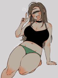 Rule 34 | 1girl, :d, arm support, black choker, black nails, blush, breasts, brown hair, choker, cleavage, commentary, cyclops, dated, earrings, fang, fingernails, green eyes, green panties, grey background, head tilt, heart, highres, jewelry, large breasts, long hair, looking at viewer, mole, mole on breast, mole under mouth, muroku (aimichiyo0526), nail polish, navel piercing, notice lines, one-eyed, open mouth, original, panties, piercing, signature, simple background, smile, solo, tank top, underwear, v