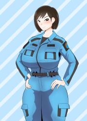 Rule 34 | 1girl, absurdres, aobe emi, belt, blue background, blue jumpsuit, breasts, brown eyes, brown hair, emblem, hands on own hips, highres, japanese (nationality), jumpsuit, large breasts, looking at viewer, short hair, skin tight, source request, standing, thick thighs, thighs, tsuburaya productions, ubikitas, ultra series, ultraman blazar (series), uniform