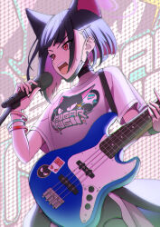 Rule 34 | 1girl, animal ears, black choker, black hair, blue archive, blush, bracelet, cat ears, choker, clothes writing, colored inner hair, commentary request, electric guitar, extra ears, guitar, hair ornament, hairclip, highres, holding, holding instrument, holding microphone, instrument, jewelry, kazusa (band) (blue archive), kazusa (blue archive), microphone, multicolored hair, official alternate costume, open mouth, red eyes, sabita gen, shirt, short hair, short sleeves, solo, teeth, two-tone hair, upper teeth only, white shirt