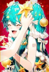 Rule 34 | 1girl, ^ ^, aqua hair, aqua nails, bare arms, bare shoulders, bauble, beads, bow, christmas, christmas ornaments, closed eyes, commentary, detached sleeves, english commentary, hair bow, hair ornament, hair over shoulder, happy, hatsune miku, head chain, highres, jewelry, laughing, light bulb, nail polish, open mouth, out of frame, pinky out, red background, sawashi (ur-sawasi), sleeveless, solo focus, star (symbol), star hair ornament, tinsel, twintails, upper body, vocaloid, white bow, yellow nails
