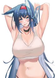 Rule 34 | 1girl, :p, absurdres, animal ears, arknights, armpits, arms up, bare shoulders, black choker, black panties, blaze0056308, blaze (arknights), blue eyes, blue hair, blush, breasts, cat ears, cat girl, choker, cleavage, collarbone, furrowed brow, hair between eyes, hairband, highleg, highleg panties, highres, large breasts, long hair, looking at viewer, navel, panties, red hairband, solo, sports bra, stomach, sweat, tongue, tongue out, underwear, upper body, very long hair, white background, white sports bra