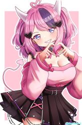 Rule 34 | 1girl, amai-tapioca, bell, black skirt, blush, breasts, choker, cleavage, demon girl, demon horns, demon tail, hair ornament, heart, heart hair ornament, heart hands, horns, ironmouse, ironmouse (1st costume), large breasts, looking at viewer, multicolored hair, neck bell, pink choker, pink hair, pink shirt, purple eyes, purple hair, ribbon choker, shirt, skirt, smile, streaked hair, tail, virtual youtuber, vshojo
