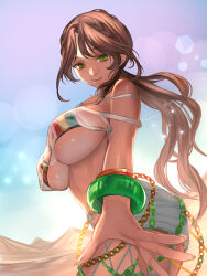 Rule 34 | 1girl, absurdres, andromeda (fate), andromeda (second ascension) (fate), bare shoulders, breasts, brown hair, dark-skinned female, dark skin, fate/grand order, fate (series), green eyes, highres, large breasts, long hair, looking at viewer, open mouth, ri-ko, smile, solo, thighs