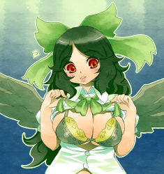 Rule 34 | 1girl, bird wings, blush, bow, bra, breasts, buttons, collared shirt, colored eyelashes, dress shirt, eyebrows, feathered wings, feathers, green bow, green bra, green hair, green neckwear, green theme, green wings, hair bow, highres, lips, long hair, open clothes, open shirt, outline, parted bangs, parted lips, pink lips, reiuji utsuho, shirt, solo, touhou, tsuutenkaaku, unbuttoned, unbuttoned shirt, underboob, underwear, upper body, white shirt, wings