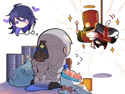Rule 34 | 1other, 2girls, absurdres, ahoge, black headwear, blue eyes, blue hair, blue scarf, bouquet, bronya rand, chibi, closed eyes, commentary, drill hair, english commentary, flower, grey hair, halo, highres, honkai: star rail, honkai (series), kneeling, letter, long hair, multiple girls, on floor, own hands together, pom-pom (honkai: star rail), praying, red sleeves, scarf, seele (honkai: star rail), simple background, star (symbol), sunny day 9797, thinking, white background, white wings, wings