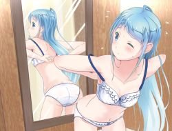 Rule 34 | 1girl, ass, blue eyes, blue hair, bra, breasts, collarbone, commentary request, dressing, frilled bra, frilled panties, frills, indoors, kantai collection, long hair, looking back, mirror, mirror image, navel, one eye closed, panties, removing bra, samidare (kancolle), sidelocks, small breasts, solo, strap slip, sweatdrop, swept bangs, underwear, underwear only, very long hair, wall, white bra, white panties, yokoshima (euphoria)