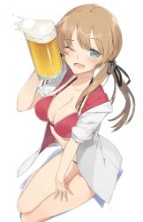 Rule 34 | 10s, 1girl, ;d, alcohol, beer, beer mug, bikini, blonde hair, blush, breasts, cleavage, collarbone, cup, drink, froth, green eyes, hair ribbon, halterneck, hand on leg, hand on own thigh, hayashi kewi, kantai collection, large breasts, mug, one eye closed, open clothes, open mouth, prinz eugen (kancolle), red bikini, ribbon, simple background, sitting, smile, solo, swimsuit, twintails, white background, yokozuwari