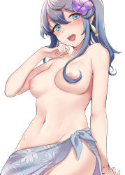 Rule 34 | 1girl, absurdres, blue eyes, blue hair, blush, breasts, cleavage, collarbone, commentary request, covering privates, covering crotch, cowboy shot, earrings, flower, gotland (kancolle), hair between eyes, hair flower, hair ornament, highres, jewelry, kantai collection, kiritto, large breasts, long hair, looking at viewer, mole, mole under eye, navel, nipples, no panties, nude, open mouth, purple flower, sarong, simple background, smile, solo, topless, white background