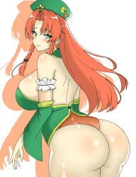Rule 34 | 1girl, absurdres, ass, back, beret, blush, braid, breasts, closed mouth, commentary request, hat, hat ornament, heart, highres, hong meiling, large breasts, looking at viewer, looking back, parted bangs, shirokumall, side braids, sideboob, simple background, solo, star (symbol), star hat ornament, touhou, twin braids, white background