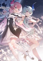 Rule 34 | 2girls, absurdres, black bow, black footwear, blue eyes, bow, bow (music), character request, earrings, high heels, highres, holding instrument, holding violin, honkai (series), honkai impact 3rd, instrument, jewelry, multiple girls, music, open mouth, pink hair, playing instrument, ryota (ry o ta), sky, smile, socks, staff (music), star (sky), starry sky, violin, white hair, white socks