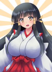 Rule 34 | 1girl, arcana heart, black hair, breasts, highres, japanese clothes, kasuga maori, large breasts, long hair, long skirt, looking at viewer, miko, open mouth, orange eyes, skirt, smile, solo
