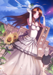 Rule 34 | 1girl, absurdres, antenna hair, bad id, bad pixiv id, bare shoulders, blush, brown hair, building, clock, cloud, day, dress, dutch angle, floating, flower, gloves, highres, lens flare, light brown hair, long hair, looking at viewer, love hina, narusegawa naru, outdoors, petals, red eyes, sky, smile, solo, standing, strapless, strapless dress, sunflower, tama-chan, tama (love hina), turtle, veil, wedding dress, white dress, white gloves, yykuaixian