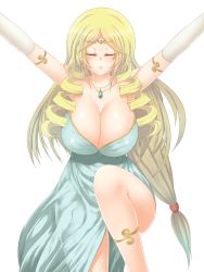 Rule 34 | 1girl, blonde hair, blue dress, blush, breasts, ceres (uncraft me!), cleavage, closed eyes, dress, female focus, hair ornament, highres, simple background, solo, uncraft me!