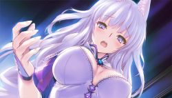 Rule 34 | 1girl, animal ears, aquaplus, breasts, breasts apart, cleavage, dungeon travelers 2, game cg, kawata hisashi, large breasts, long hair, mefmera, official art, open mouth, solo, upper body, white eyes, white hair