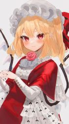 Rule 34 | 1girl, absurdres, adapted costume, black nails, blonde hair, blush, commentary request, crystal, dress, flandre scarlet, flower, gotou (nekocat), grey background, hat, hat ribbon, highres, interlocked fingers, long sleeves, looking at viewer, mob cap, nail polish, pointy ears, red dress, red flower, red ribbon, ribbon, rose, shirt, side ponytail, signature, smile, solo, touhou, upper body, white hat, white neckwear, white shirt, wings