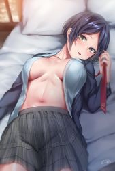 Rule 34 | 1girl, absurdres, black hair, blue jacket, blue shirt, blush, breasts, breasts apart, collarbone, covered erect nipples, dress shirt, grey skirt, hayami kanade, highres, idolmaster, idolmaster cinderella girls, jacket, large breasts, looking at viewer, lying, navel, necktie, unworn necktie, no bra, on back, on bed, open clothes, open jacket, open mouth, open shirt, parted bangs, pleated skirt, red necktie, sakiryo kanna, shirt, short hair, skirt, solo, stomach, yellow eyes
