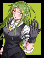 Rule 34 | 1girl, aged up, alternate costume, black gloves, black vest, blush, breasts, collared shirt, crescent, crescent hair ornament, gloves, green eyes, green hair, hair between eyes, hair ornament, hand on own hip, highres, kantai collection, long hair, looking at viewer, matuki-san, medium breasts, nagatsuki (kancolle), parted lips, shirt, simple background, single glove, solo, sparkle, two-tone background, vest, white shirt