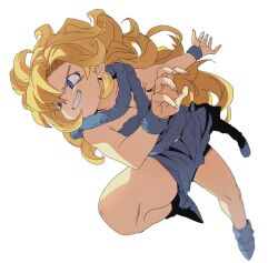 Rule 34 | 1girl, ayla (chrono trigger), bantenya, blonde hair, blue eyes, breasts, chrono trigger, cleavage, curly hair, full body, highres, long hair, medium breasts, simple background, smile, solo, white background