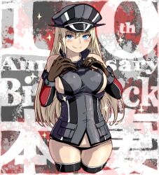 Rule 34 | 1girl, anniversary, bismarck (kancolle), black panties, black thighhighs, blonde hair, blue eyes, blush, breasts, brown gloves, character name, cropped legs, detached sleeves, doyagao, gloves, hair between eyes, hands on own chest, hat, jewelry, kantai collection, large breasts, long hair, looking at viewer, military hat, oso (toolate), panties, peaked cap, ring, simple background, sketch, smile, smug, solo, sparkle, thighhighs, underwear, wedding ring