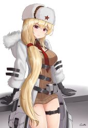 Rule 34 | 1girl, arms behind back, artist name, belt bag, black gloves, blonde hair, blush, breasts, brown sweater, closed mouth, coat, commentary, cosplay, english commentary, feet out of frame, fur-trimmed coat, fur-trimmed sleeves, fur hat, fur trim, gamryous, girls&#039; frontline, gloves, hat, hat ornament, highres, long hair, long sleeves, looking at viewer, medium breasts, mod3 (girls&#039; frontline), mosin-nagant (girls&#039; frontline), mosin-nagant (girls&#039; frontline) (cosplay), mosin-nagant (mod3) (girls&#039; frontline), necktie, open clothes, open coat, papakha, red eyes, red necktie, red star, smile, solo, standing, star (symbol), star hat ornament, sv-98 (girls&#039; frontline), sweater, white background, white coat, white hat