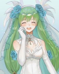 Rule 34 | 1girl, blue flower, blush, breasts, cleavage, detached collar, dress, elbow gloves, closed eyes, flower, frey (rune factory), gloves, green hair, highres, key, kyufe, long hair, medium breasts, open mouth, rune factory, rune factory 4, simple background, solo, strapless, strapless dress, twintails, upper body, veil, wedding dress, white dress, white gloves