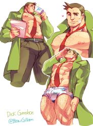 Rule 34 | 1boy, abs, ace attorney, bara, bare pectorals, beaugilliam, between pectorals, blue badger, boxers, bulge, bursting pectorals, character name, coat, cropped legs, dick gumshoe, facial hair, green jacket, green pants, hairy, highres, jacket, large pectorals, leg hair, male focus, male underwear, multiple views, muscular, navel, navel hair, necktie, nipples, open clothes, open coat, pants, pectorals, print male underwear, salute, short hair, sideburns, smile, stubble, thick thighs, thighs, underwear