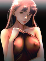 Rule 34 | 1girl, aino (acilealaulica), backlighting, bad id, bad pixiv id, bed sheet, black background, breasts, brown eyes, brown hair, covered erect nipples, highres, large breasts, lips, long hair, looking at viewer, mole, mole under eye, naked sheet, nipples, nose, original, see-through, simple background, solo, upper body