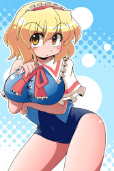 Rule 34 | 1girl, alice margatroid, blonde hair, blue background, blush, breasts, capelet, female focus, hairband, large breasts, one-piece swimsuit, school swimsuit, short hair, short sleeves, solo, swimsuit, swimsuit under clothes, touhou, yellow eyes, yukiduki