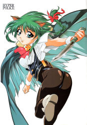 Rule 34 | 1990s (style), 1girl, animal ears, aqua eyes, ascot, ass, bell, black pantyhose, braid, cape, cat ears, cat tail, copyright name, dagger, gotou keiji, green hair, holding, holding dagger, holding knife, holding weapon, hyper police, knife, long hair, looking back, official art, pantyhose, retro artstyle, reverse grip, sasahara natsuki, sasahara natsuki (hyper police), scan, single braid, smile, solo, tail, weapon, white background, wrist cuffs