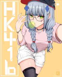 Rule 34 | 1girl, absurdres, alternate costume, alternate hairstyle, artist request, baseball cap, bracelet, blowing bubbles, character name, chewing gum, choker, girls&#039; frontline, glasses, green eyes, hat, highres, hk416 (girls&#039; frontline), jewelry, nail polish, pink shirt, reaching, reaching towards viewer, selfie, shirt, shorts, silver hair, solo, twintails