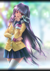 Rule 34 | 1girl, aomaru kazumi, arm under breasts, backlighting, blazer, blue skirt, blurry, blurry background, blush, bow, clannad, clenched hand, commentary request, cowboy shot, eyelashes, floating hair, fujibayashi kyou, hair between eyes, hair bow, hair intakes, hair over shoulder, hair ribbon, hand up, highres, hikarizaka private high school uniform, jacket, long hair, long sleeves, looking at viewer, miniskirt, nose, open mouth, pleated skirt, purple eyes, ribbon, school uniform, skirt, smile, solo, straight hair, thighhighs, turtleneck, very long hair, vignetting, white bow, white ribbon, white thighhighs, yellow jacket, zettai ryouiki